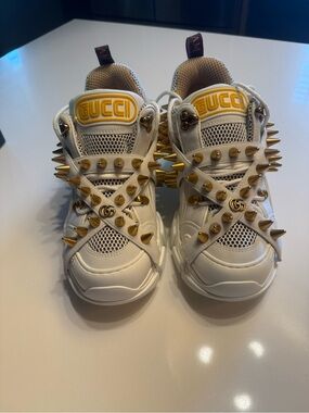 Gucci White Sneakers with Gold Spike Accents